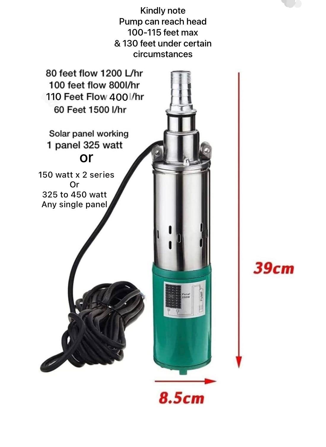 FLOJOY Asian Pumps Dc 24V Screw Submersible Solar Water Pump 120-130 Feet Panel Or Battery Operated Openwel/Borewell,Farm,Agriculture,Irrigation & Garden Home Pipe Size 1Inch 250W 1000-1500Lph