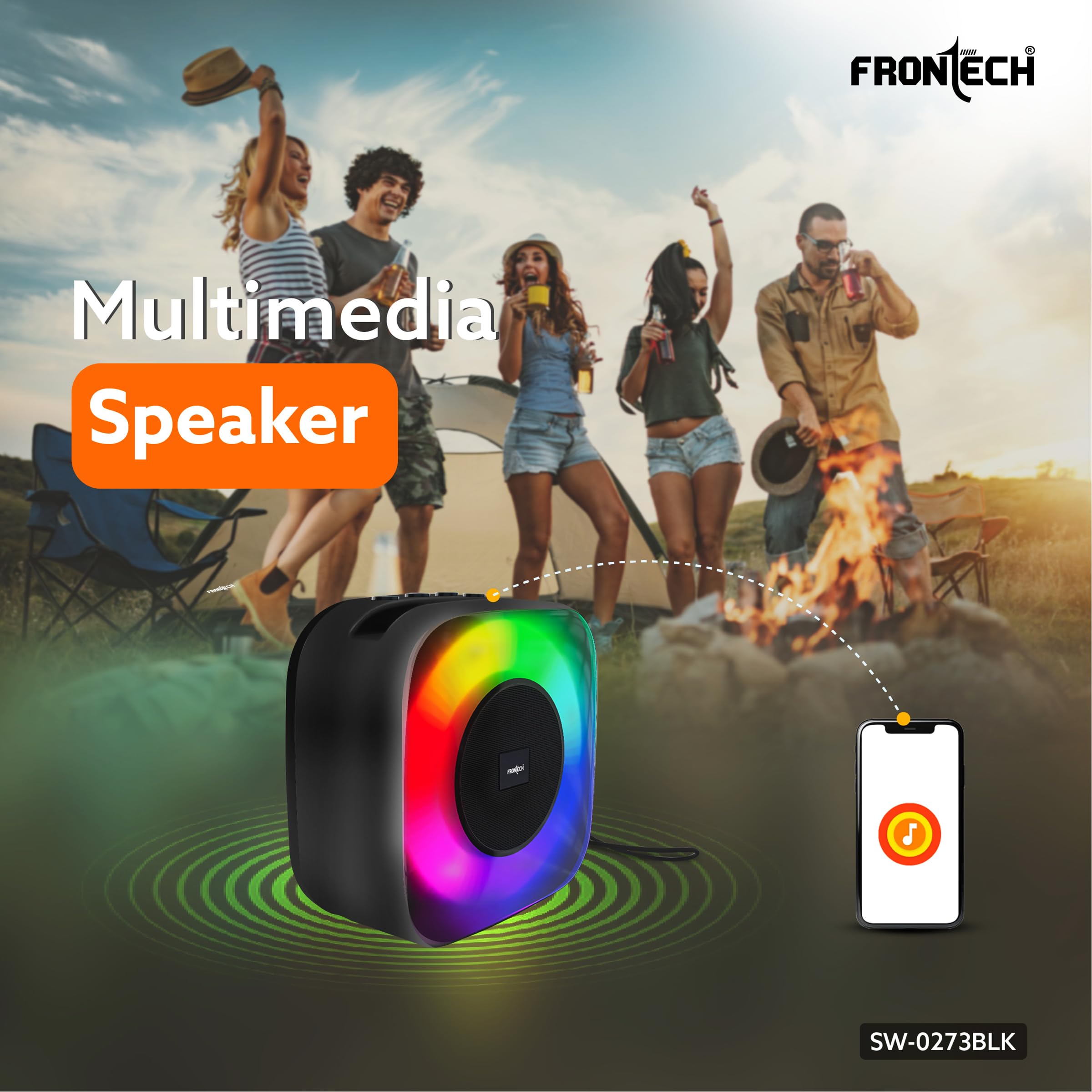 15W Portable Wireless Multimedia Speaker with Bluetooth 5.3, FM, USB, TF Card, Mobile Holder, RGB LED Lights, 6 Hrs Playback, 1000mAh Battery, 1 Year Warranty (SW-0273BLK)