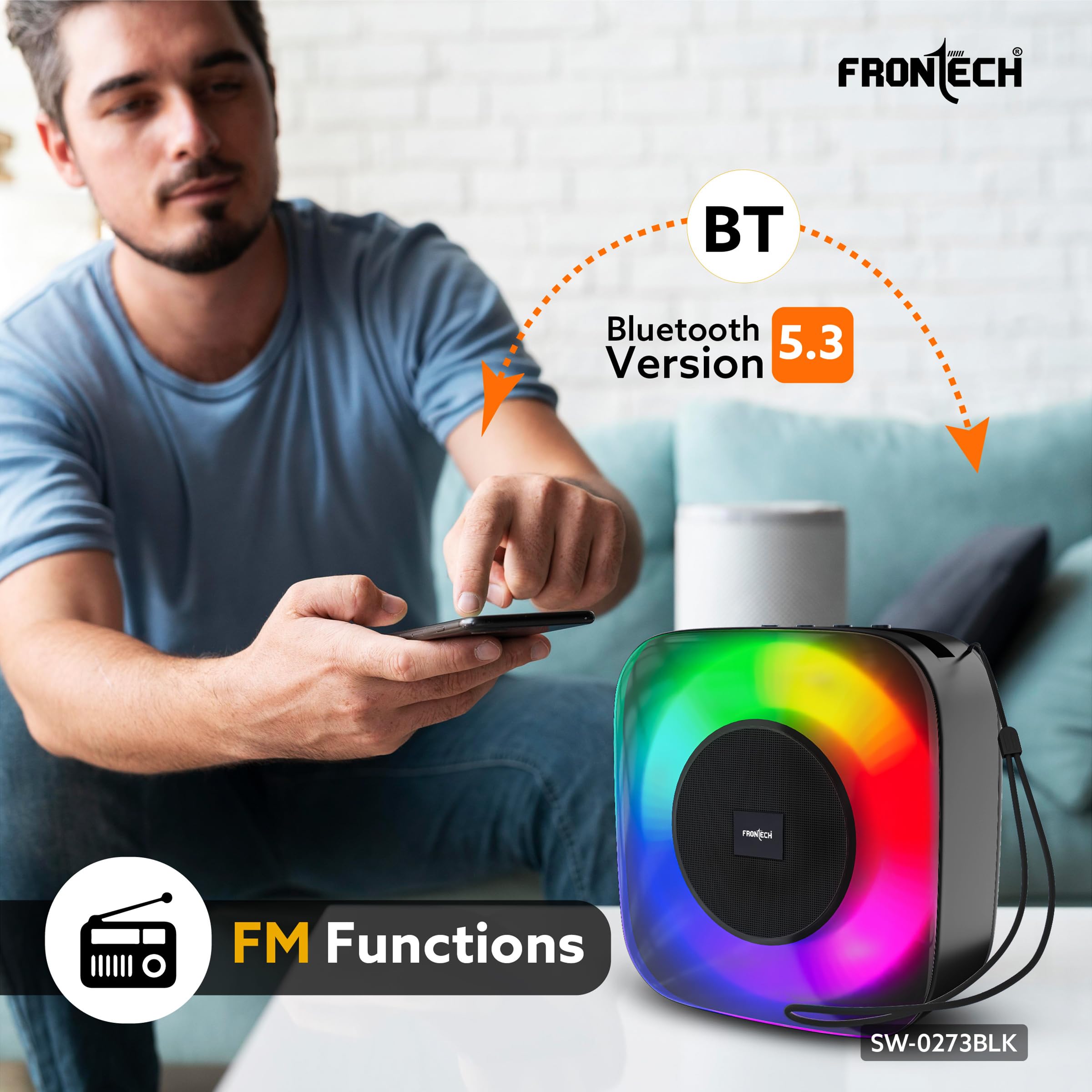 15W Portable Wireless Multimedia Speaker with Bluetooth 5.3, FM, USB, TF Card, Mobile Holder, RGB LED Lights, 6 Hrs Playback, 1000mAh Battery, 1 Year Warranty (SW-0273BLK)