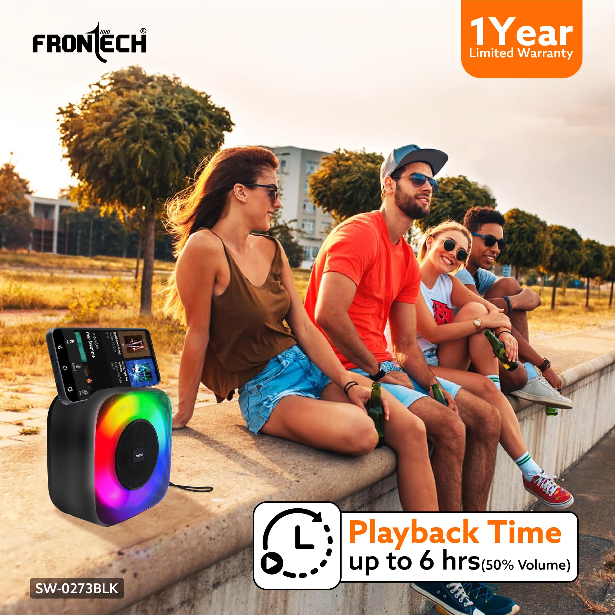 15W Portable Wireless Multimedia Speaker with Bluetooth 5.3, FM, USB, TF Card, Mobile Holder, RGB LED Lights, 6 Hrs Playback, 1000mAh Battery, 1 Year Warranty (SW-0273BLK)